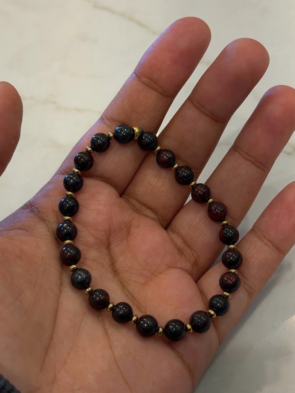 Red & Brown Natural Stone Beaded Stretch Bracelet Gold Spacer Accent